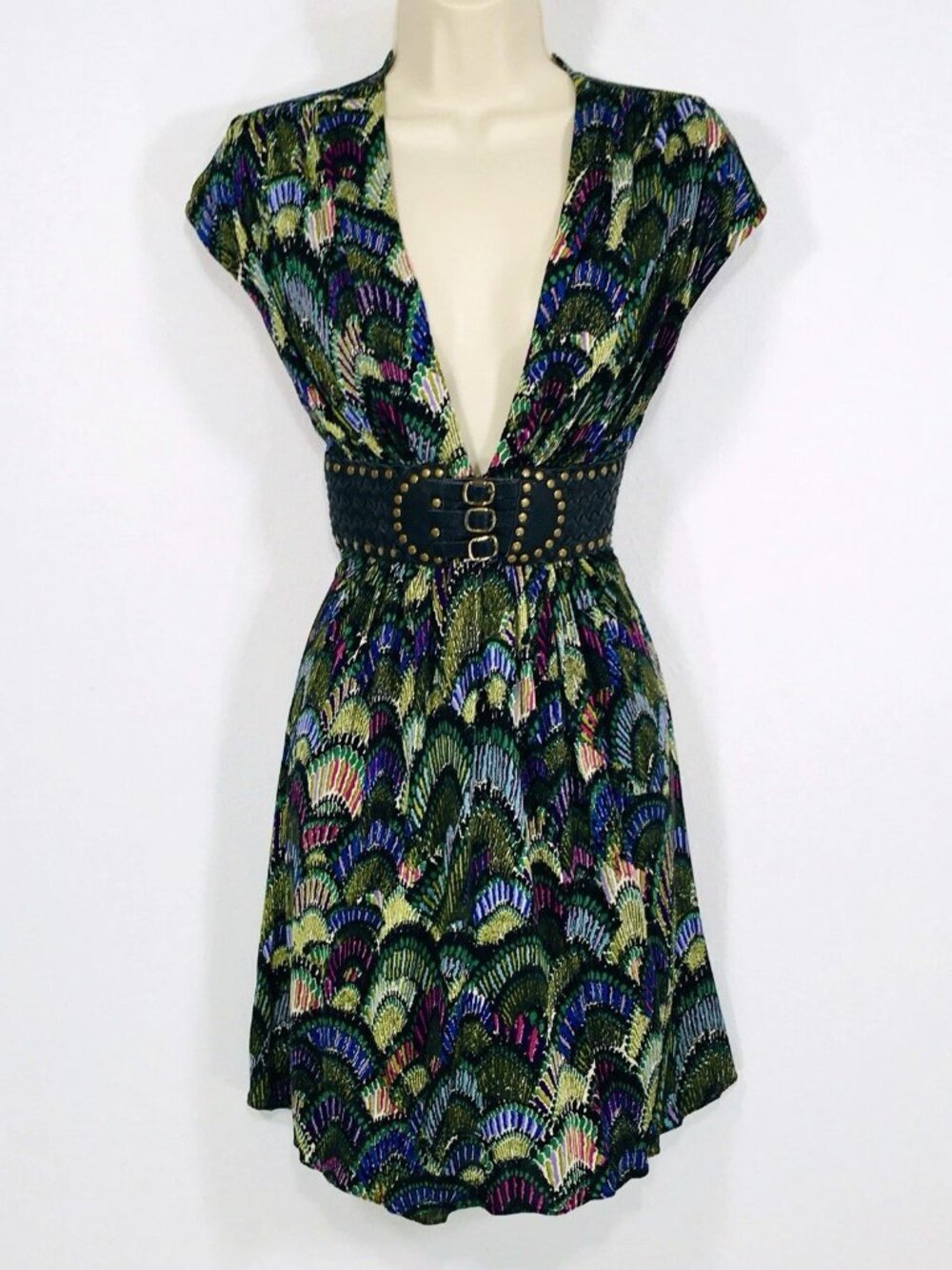 Sky/Jagger 100% Silk Jersey Mini Dress Sz M Attached Leather Belt Y2K Boho Chic
